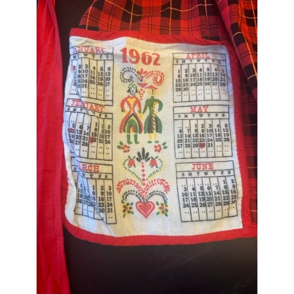Vintage 1960s Red Plaid Child Apron 1962 Calendar
